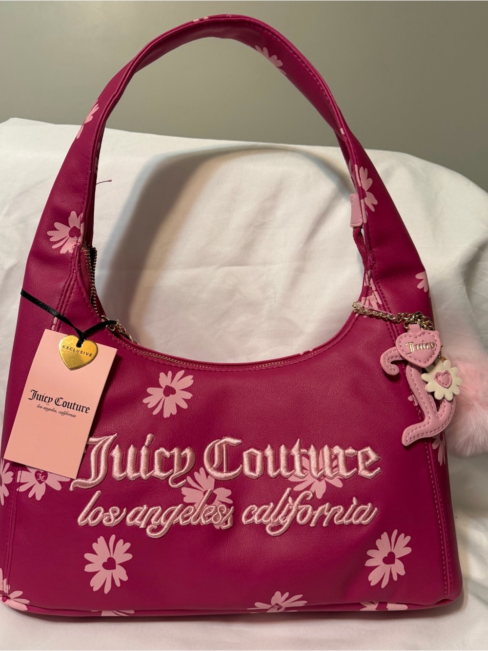 Juicy Couture Raspberry Pink Floral Hobo Bag with Charms